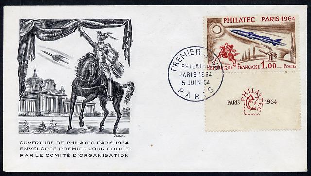 France 1964 Philatec 1964 1f plus label on unaddressed illustrated cover with first day cancel, stamps on , stamps on  stamps on stamp exhibitions, stamps on  stamps on rockets, stamps on  stamps on horses