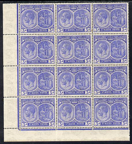 St Kitts-Nevis 1921-29 KG5 Script CA Medicinal Spring 3d ultramarine SW corner block of 12 without plate number incl R9-3 Damaged 'd' in value unmounted mint SG 45, stamps on , stamps on  stamps on , stamps on  stamps on  kg5 , stamps on  stamps on 