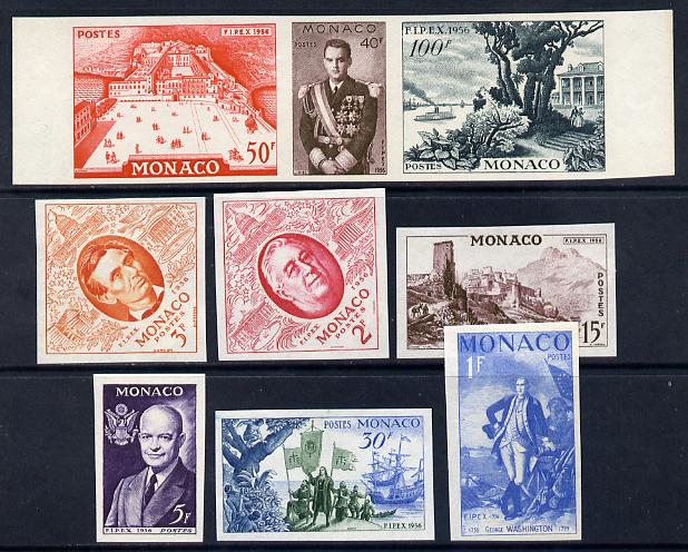 Monaco 1956 Philatelic Exhibition imperf set of 9 proofs/colour trials fine mounted mint as SG544-52, stamps on stamp exhibitions.americana, stamps on usa presidents