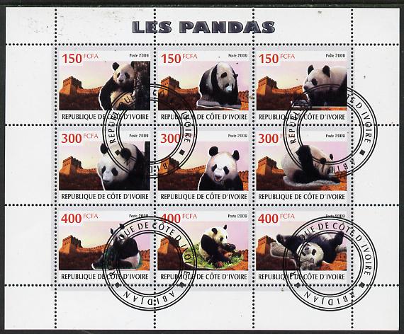 Ivory Coast 2009 Pandas perf sheetlet containing 9 values fine cto used, stamps on animals, stamps on pandas, stamps on bears