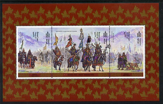 Mongolia 1997 Soldiers of Chingis Khan perf m/sheet containing 3 values unmounted mint, SG MS2618, stamps on militaria
