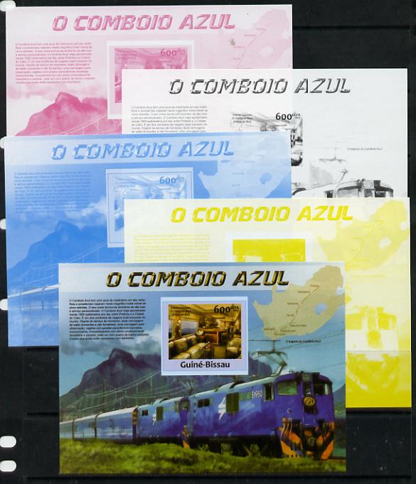 Guinea - Bissau 2013 Blue Train #1 m/sheet - the set of 5 imperf progressive proofs comprising the 4 individual colours plus all 4-colour composite, unmounted mint , stamps on railways
