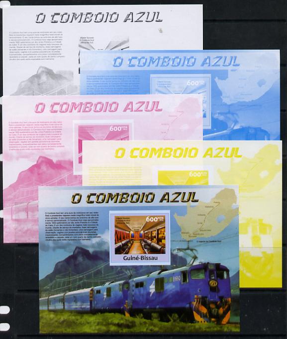 Guinea - Bissau 2013 Blue Train #2 m/sheet - the set of 5 imperf progressive proofs comprising the 4 individual colours plus all 4-colour composite, unmounted mint , stamps on railways