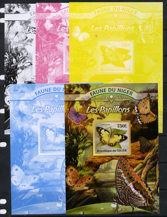 Niger Republic 2013 Butterflies #1 m/sheet - the set of 5 imperf progressive proofs comprising the 4 individual colours plus all 4-colour composite, unmounted mint , stamps on butterflies