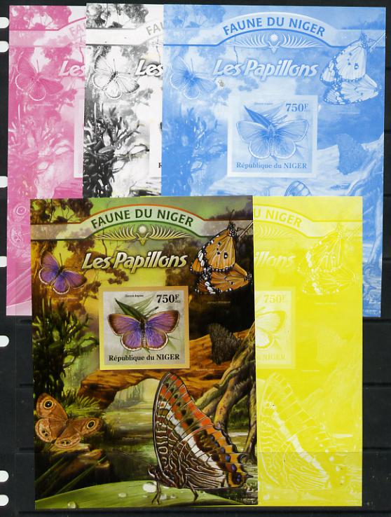 Niger Republic 2013 Butterflies #4 m/sheet - the set of 5 imperf progressive proofs comprising the 4 individual colours plus all 4-colour composite, unmounted mint , stamps on butterflies