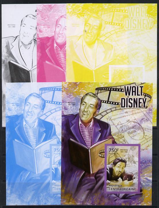 Central African Republic 2013 Walt Disney #4 m/sheet - the set of 5 imperf progressive proofs comprising the 4 individual colours plus all 4-colour composite, unmounted m..., stamps on personalities, stamps on disney, stamps on movies, stamps on cinema, stamps on cartoons, stamps on films