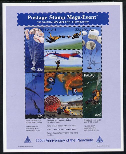 Palau 1994 Bicentenary of the Parachute (a) Postage perf sheetlet containing set of 8 unmounted mint SG 1157-54, stamps on parachutes, stamps on sport, stamps on space