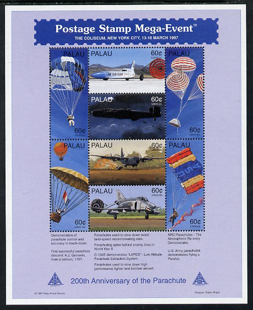 Palau 1994 Bicentenary of the Parachute (b) Air perf sheetlet containing set of 8 unmounted mint SG 1156-63, stamps on parachutes, stamps on sport, stamps on space, stamps on aviation