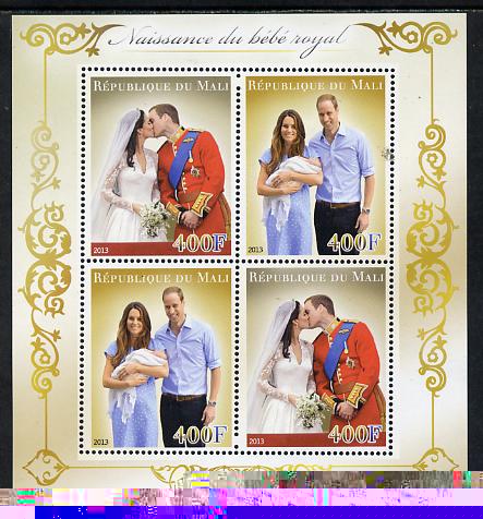 Mali 2013 Birth of Royal Baby (George) perf sheetlet containing 4 values unmounted mint, stamps on royalty, stamps on william, stamps on kate, stamps on george