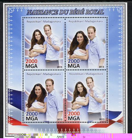 Madagascar 2013 Birth of Royal Baby (George) perf sheetlet containing 4 values unmounted mint, stamps on royalty, stamps on william, stamps on kate, stamps on george