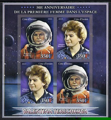 Ivory Coast 2013 50th Anniversary of First Woman in Space imperf sheetlet containing 4 values unmounted mint, stamps on personalities, stamps on space, stamps on women, stamps on 