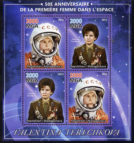 Madagascar 2013 50th Anniversary of First Woman in Space perf sheetlet containing 4 values unmounted mint, stamps on personalities, stamps on space, stamps on women, stamps on 