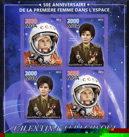 Madagascar 2013 50th Anniversary of First Woman in Space imperf sheetlet containing 4 values unmounted mint, stamps on personalities, stamps on space, stamps on women, stamps on 