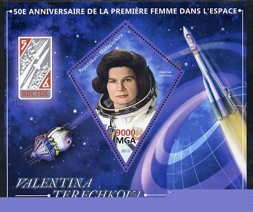 Madagascar 2013 50th Anniversary of First Woman in Space perf s/sheet containing Diamond Shaped value unmounted mint, stamps on personalities, stamps on space, stamps on women, stamps on diamond, stamps on shaped, stamps on rockets