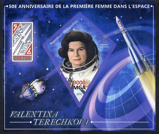 Madagascar 2013 50th Anniversary of First Woman in Space imperf s/sheet containing Diamond Shaped value unmounted mint, stamps on , stamps on  stamps on personalities, stamps on  stamps on space, stamps on  stamps on women, stamps on  stamps on diamond, stamps on  stamps on shaped, stamps on  stamps on rockets