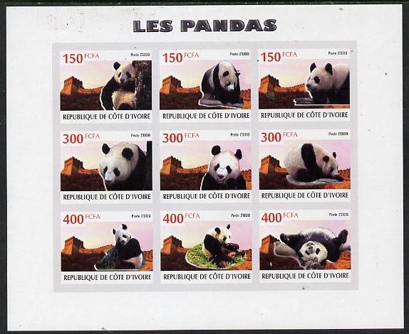 Ivory Coast 2009 Pandas imperf sheetlet containing 9 values unmounted mint, stamps on , stamps on  stamps on animals, stamps on  stamps on pandas, stamps on  stamps on bears