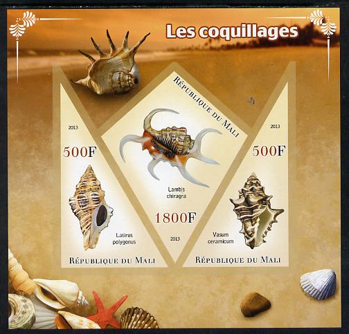 Mali 2013 Shells imperf sheetlet containing 2 triangular & one diamond shaped values unmounted mint, stamps on shells, stamps on marine life