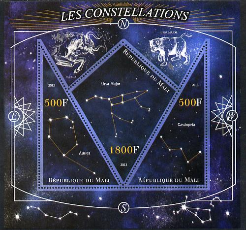 Mali 2013 Constellations perf sheetlet containing 2 triangular & one diamond shaped values unmounted mint, stamps on space, stamps on astronomy, stamps on astrology