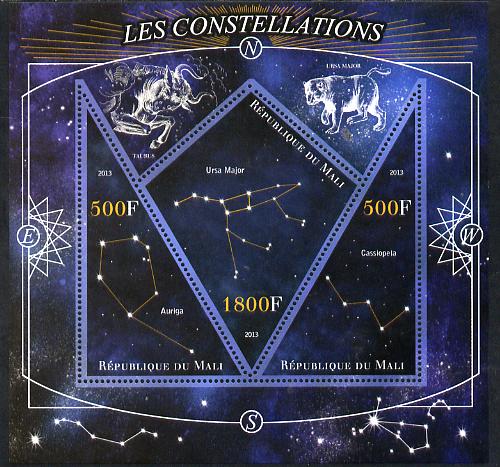 Mali 2013 Constellations perf sheetlet containing 2 triangular & one diamond shaped values unmounted mint, stamps on , stamps on  stamps on space, stamps on  stamps on astronomy, stamps on  stamps on astrology