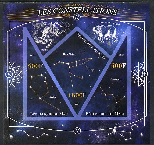 Mali 2013 Constellations imperf sheetlet containing 2 triangular & one diamond shaped values unmounted mint, stamps on , stamps on  stamps on space, stamps on  stamps on astronomy, stamps on  stamps on astrology