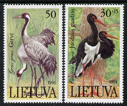 Lithuania 1991 Red Book (Birds) set of 2 unmounted mint, SG 498-19*, stamps on birds      cranes   storks       books