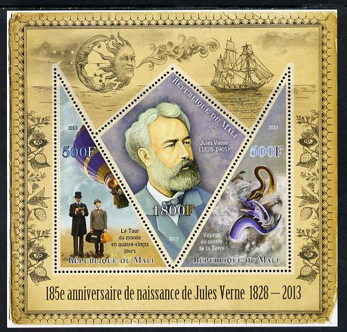Mali 2013 185th Birth Anniversary of Jules Verne perf sheetlet containing 2 triangular & one diamond shaped values unmounted mint, stamps on personalities, stamps on literature, stamps on sci-fi, stamps on verne, stamps on balloons