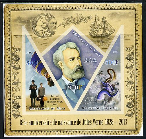 Mali 2013 185th Birth Anniversary of Jules Verne imperf sheetlet containing 2 triangular & one diamond shaped values unmounted mint, stamps on , stamps on  stamps on personalities, stamps on  stamps on literature, stamps on  stamps on sci-fi, stamps on  stamps on verne, stamps on  stamps on balloons