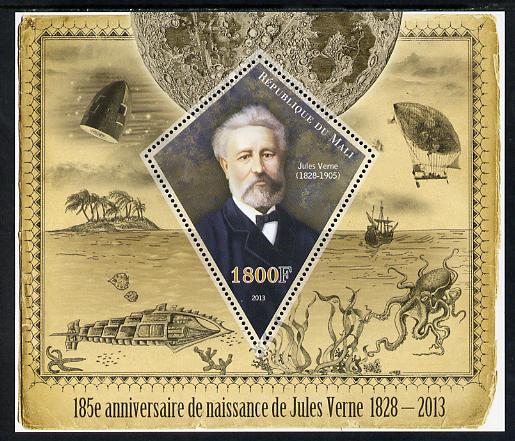Mali 2013 185th Birth Anniversary of Jules Verne perf s/sheet containing one diamond shaped value unmounted mint, stamps on , stamps on  stamps on personalities, stamps on  stamps on literature, stamps on  stamps on sci-fi, stamps on  stamps on verne