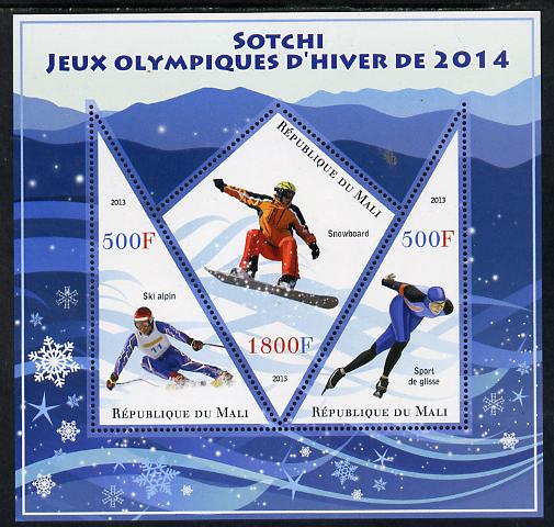 Mali 2013 Sotchi Winter Olympics perf sheetlet containing 2 triangular & one diamond shaped values unmounted mint, stamps on , stamps on  stamps on olympics, stamps on  stamps on skiing, stamps on  stamps on snowboard, stamps on  stamps on ice skating