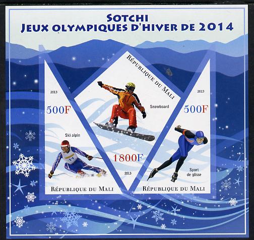 Mali 2013 Sotchi Winter Olympics imperf sheetlet containing 2 triangular & one diamond shaped values unmounted mint, stamps on , stamps on  stamps on olympics, stamps on  stamps on skiing, stamps on  stamps on snowboard, stamps on  stamps on ice skating