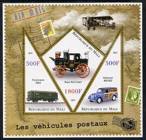 Mali 2013 Postal Vehicles perf sheetlet containing 2 triangular & one diamond shaped values unmounted mint, stamps on , stamps on  stamps on postal, stamps on  stamps on transport, stamps on  stamps on cars, stamps on  stamps on railways, stamps on  stamps on aviation, stamps on  stamps on coaches, stamps on  stamps on mail coach, stamps on  stamps on stampon, stamps on  stamps on stamp on stamp