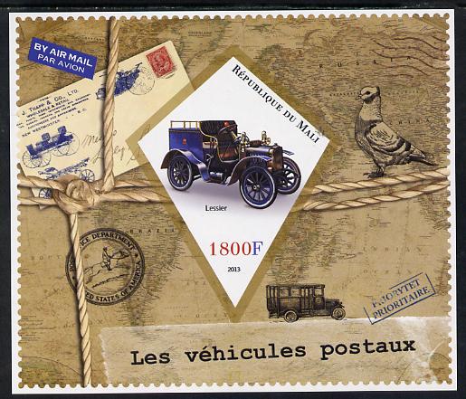 Mali 2013 Postal Vehicles imperf s/sheet containing one diamond shaped value unmounted mint, stamps on , stamps on  stamps on postal, stamps on  stamps on transport, stamps on  stamps on cars, stamps on  stamps on stampon, stamps on  stamps on stamp on stamp, stamps on  stamps on birds, stamps on  stamps on pigeons