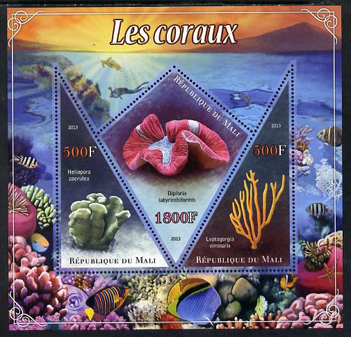 Mali 2013 Coral perf sheetlet containing 2 triangular & one diamond shaped values unmounted mint, stamps on coral, stamps on marine life, stamps on scuba, stamps on diving, stamps on fish