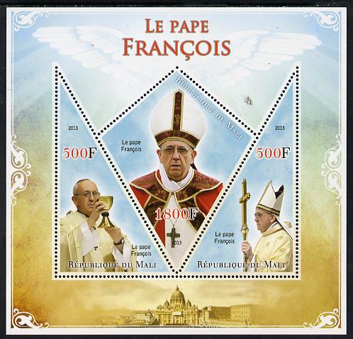 Mali 2013 French Popes perf sheetlet containing 2 triangular & one diamond shaped values unmounted mint, stamps on pope, stamps on popes, stamps on religion