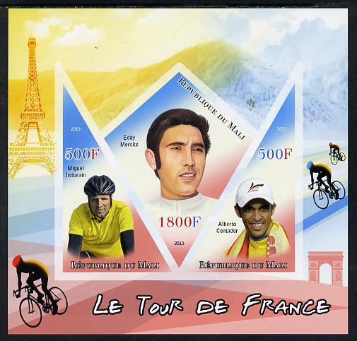 Mali 2013 Le Tour de France imperf sheetlet containing 2 triangular & one diamond shaped values unmounted mint, stamps on bicycles, stamps on , stamps on sport