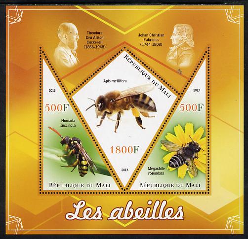 Mali 2013 Bees perf sheetlet containing 2 triangular & one diamond shaped values unmounted mint, stamps on insects, stamps on bees, stamps on honey, stamps on food