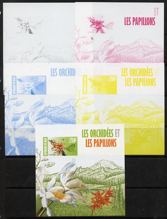 Niger Republic 2013 Orchids & Butterflies #1 m/sheet - the set of 5 imperf progressive proofs comprising the 4 individual colours plus all 4-colour composite, unmounted m..., stamps on butterflies, stamps on orchids, stamps on flowers