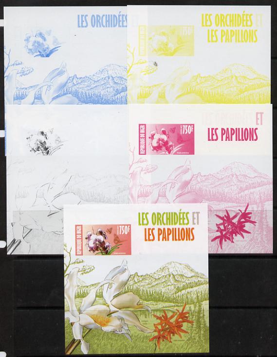 Niger Republic 2013 Orchids & Butterflies #3 m/sheet - the set of 5 imperf progressive proofs comprising the 4 individual colours plus all 4-colour composite, unmounted mint , stamps on butterflies, stamps on orchids, stamps on flowers