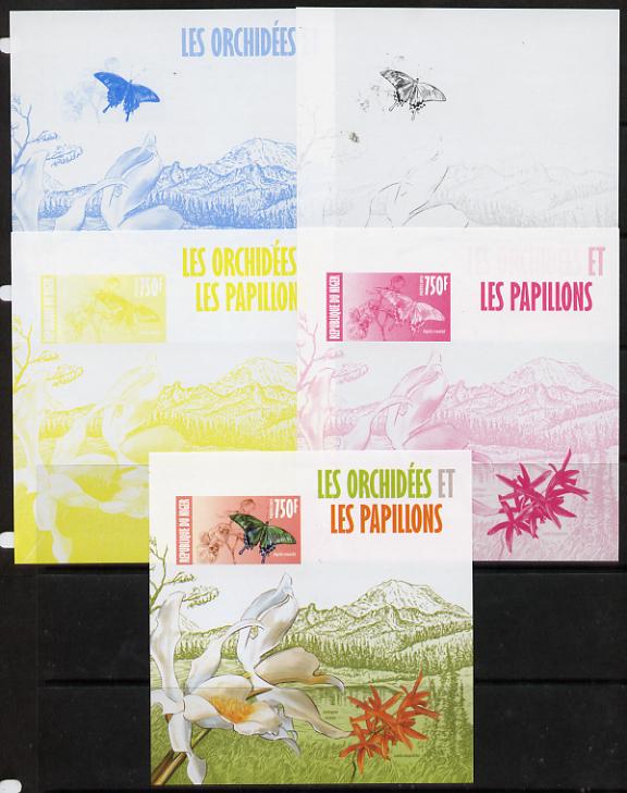 Niger Republic 2013 Orchids & Butterflies #4 m/sheet - the set of 5 imperf progressive proofs comprising the 4 individual colours plus all 4-colour composite, unmounted mint , stamps on butterflies, stamps on orchids, stamps on flowers
