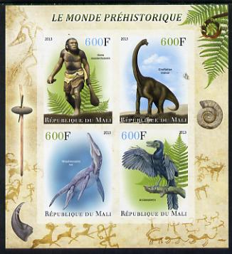 Mali 2013 The Prehistoric World imperf sheetlet containing 4 values unmounted mint, stamps on dinosaurs, stamps on fossils, stamps on cave art