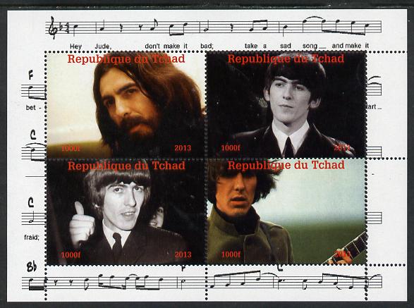 Chad 2013 The Beatles - George Harrison perf sheetlet containing 4 vals unmounted mint. Note this item is privately produced and is offered purely on its thematic appeal. , stamps on , stamps on  stamps on beatles, stamps on  stamps on pops, stamps on  stamps on music, stamps on  stamps on rock