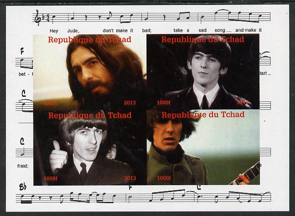 Chad 2013 The Beatles - George Harrison imperf sheetlet containing 4 vals unmounted mint. Note this item is privately produced and is offered purely on its thematic appeal. , stamps on , stamps on  stamps on beatles, stamps on  stamps on pops, stamps on  stamps on music, stamps on  stamps on rock