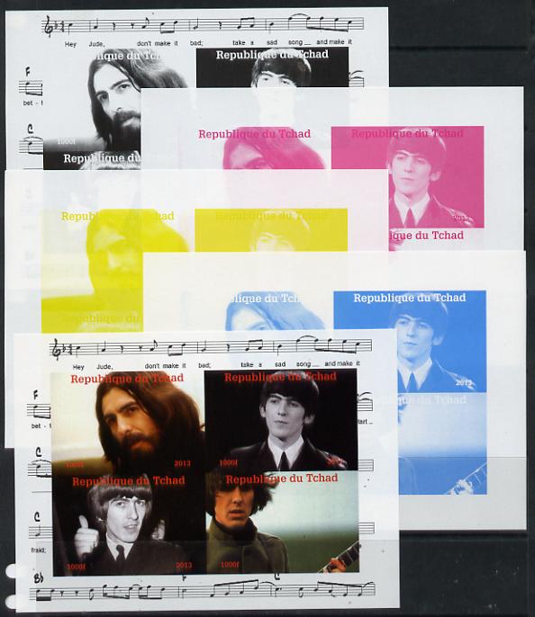 Chad 2013 The Beatles - George Harrison sheetlet containing 4 vals - the set of 5 imperf progressive colour proofs comprising the 4 basic colours plus all 4-colour composite unmounted mint, stamps on , stamps on  stamps on beatles, stamps on  stamps on pops, stamps on  stamps on music, stamps on  stamps on rock