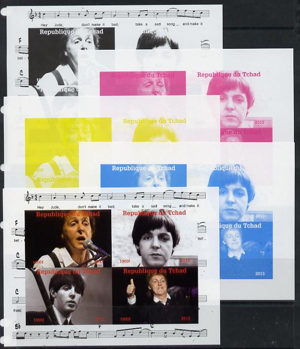 Chad 2013 The Beatles - Paul McCartney sheetlet containing 4 vals - the set of 5 imperf progressive colour proofs comprising the 4 basic colours plus all 4-colour composite unmounted mint