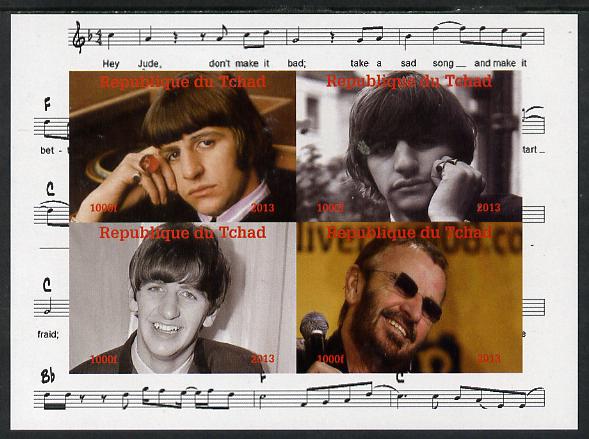 Chad 2013 The Beatles - Ringo Starr perf sheetlet containing 4 vals unmounted mint. Note this item is privately produced and is offered purely on its thematic appeal. , stamps on beatles, stamps on pops, stamps on music, stamps on rock