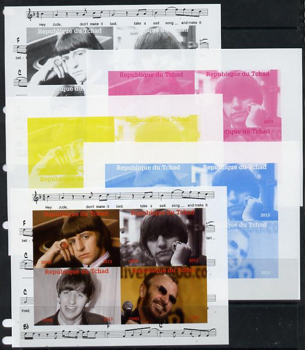 Chad 2013 The Beatles - Ringo Starr sheetlet containing 4 vals - the set of 5 imperf progressive colour proofs comprising the 4 basic colours plus all 4-colour composite unmounted mint