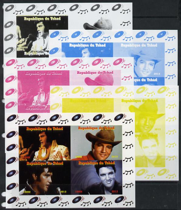 Chad 2013 Elvis Presley #1 sheetlet containing 4 vals - the set of 5 imperf progressive colour proofs comprising the 4 basic colours plus all 4-colour composite unmounted mint