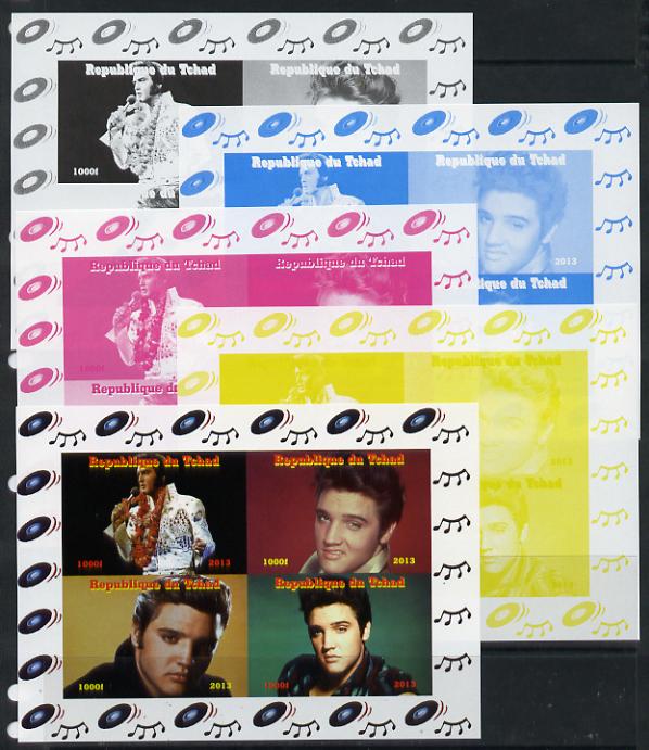 Chad 2013 Elvis Presley #2 sheetlet containing 4 vals - the set of 5 imperf progressive colour proofs comprising the 4 basic colours plus all 4-colour composite unmounted..., stamps on elvis, stamps on pops, stamps on music, stamps on rock