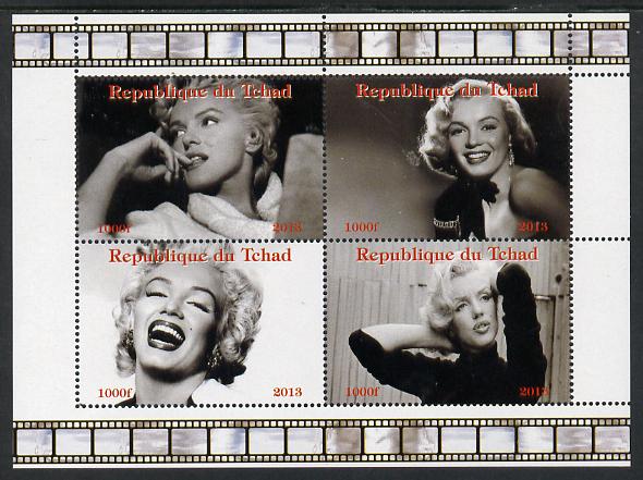 Chad 2013 Marilyn Monroe #1 perf sheetlet containing 4 vals unmounted mint. Note this item is privately produced and is offered purely on its thematic appeal. , stamps on , stamps on  stamps on personalities, stamps on  stamps on films, stamps on  stamps on cinema, stamps on  stamps on movies, stamps on  stamps on music, stamps on  stamps on marilyn, stamps on  stamps on monroe