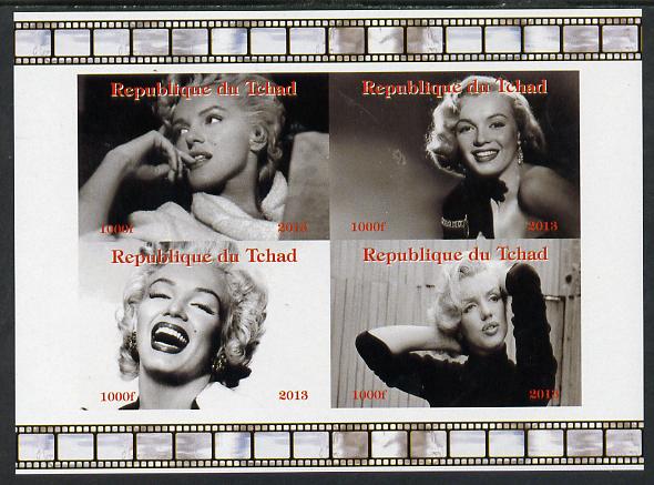 Chad 2013 Marilyn Monroe #1 imperf sheetlet containing 4 vals unmounted mint. Note this item is privately produced and is offered purely on its thematic appeal. , stamps on , stamps on  stamps on personalities, stamps on  stamps on films, stamps on  stamps on cinema, stamps on  stamps on movies, stamps on  stamps on music, stamps on  stamps on marilyn, stamps on  stamps on monroe